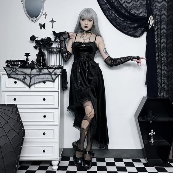 Women's Gothic Sexy Patchwork Velvet Slit Asymmetric Goth Dress - Picture 7 of 7